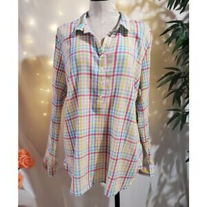 Talbots Plaid Multicolor Gauzy Crinkle Cotton Button Popover Top Size XL Rainbow